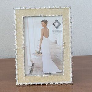 5x7 Pearl Embellished Picture Frame Cream Silver Wedding Cottage Chic Decor
